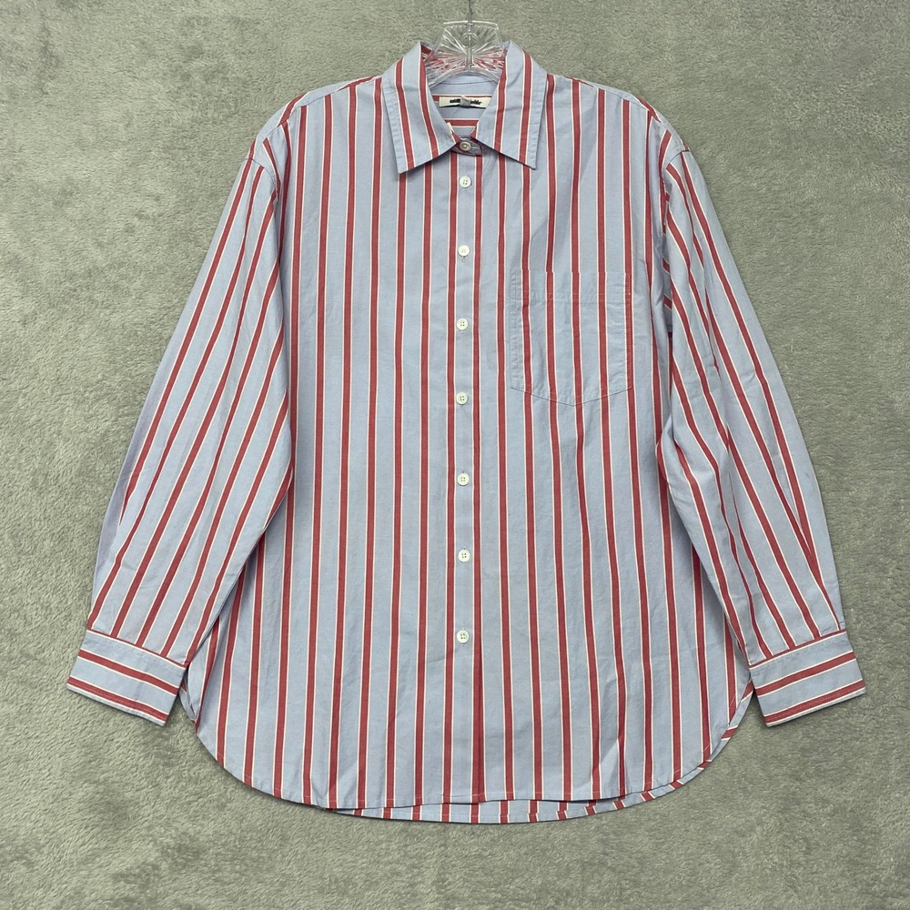 Madewell Top Womens XS Tranquil Blue Red Striped The Easy Shirt Cotton NZ421 - Picture 3 of 10